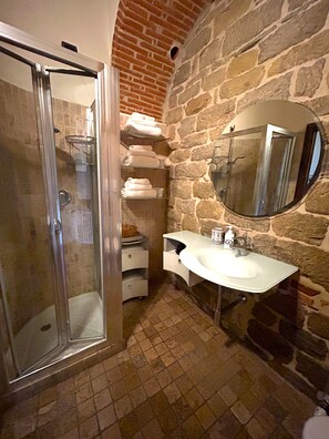 Shower, hair dryer, bidet, towels