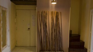 A hallway with a closed door, a staircase, and a bamboo arrangement. - Dimora dei Giganti - a typical neapolitan terrace (Napoli)