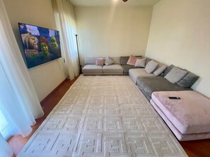 TV connectée, cheminée, livres