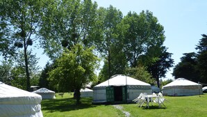 Yurts with open doors, a grassy area, and trees.