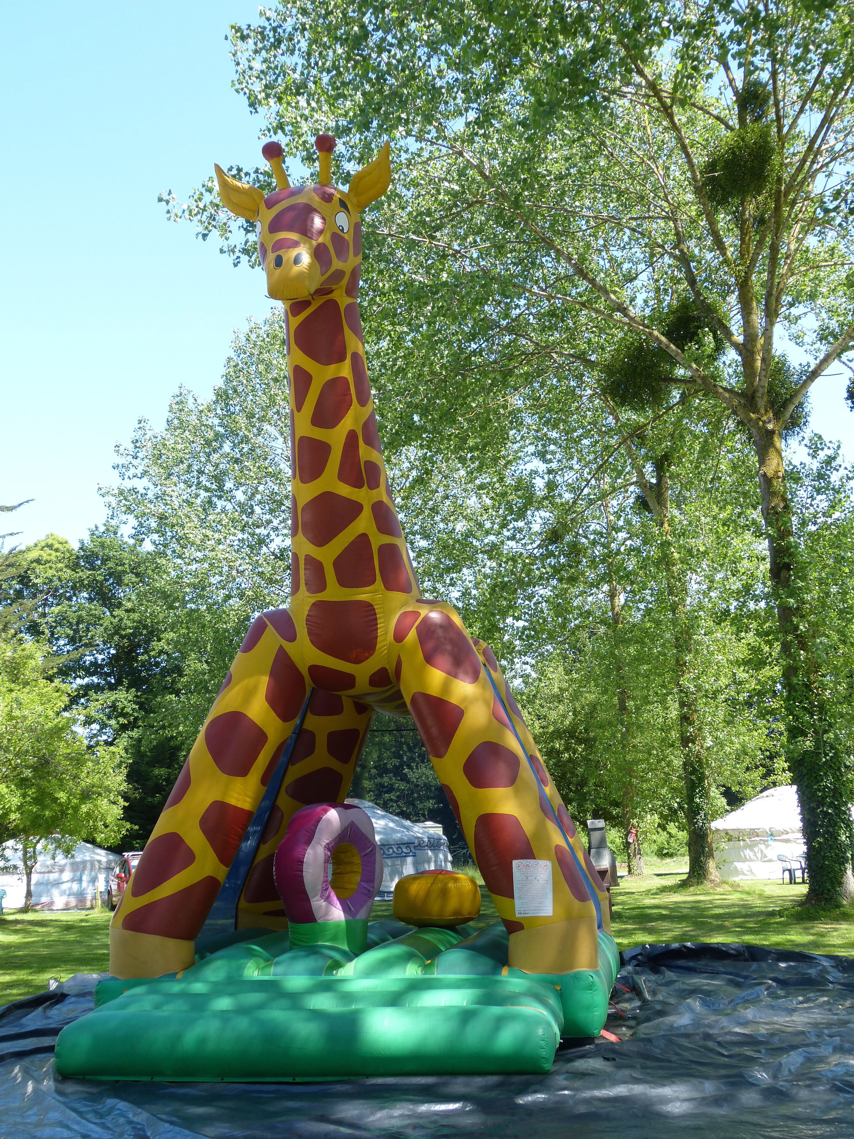 Un'ampia struttura gonfiabile a forma di giraffa su un'area erbosa con alberi sullo sfondo.