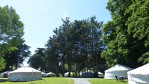Yurts arranged in a row with a gravel path leading through them.