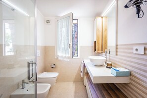 Shower, hair dryer, bidet, towels