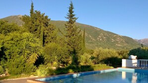 A pool with a mountain backdrop, surrounded by lush greenery and a white building with a blue chair.