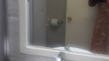 Ein Badezimmer mit einem weißen Waschbecken, einem Spiegel und einer Duschkabine.