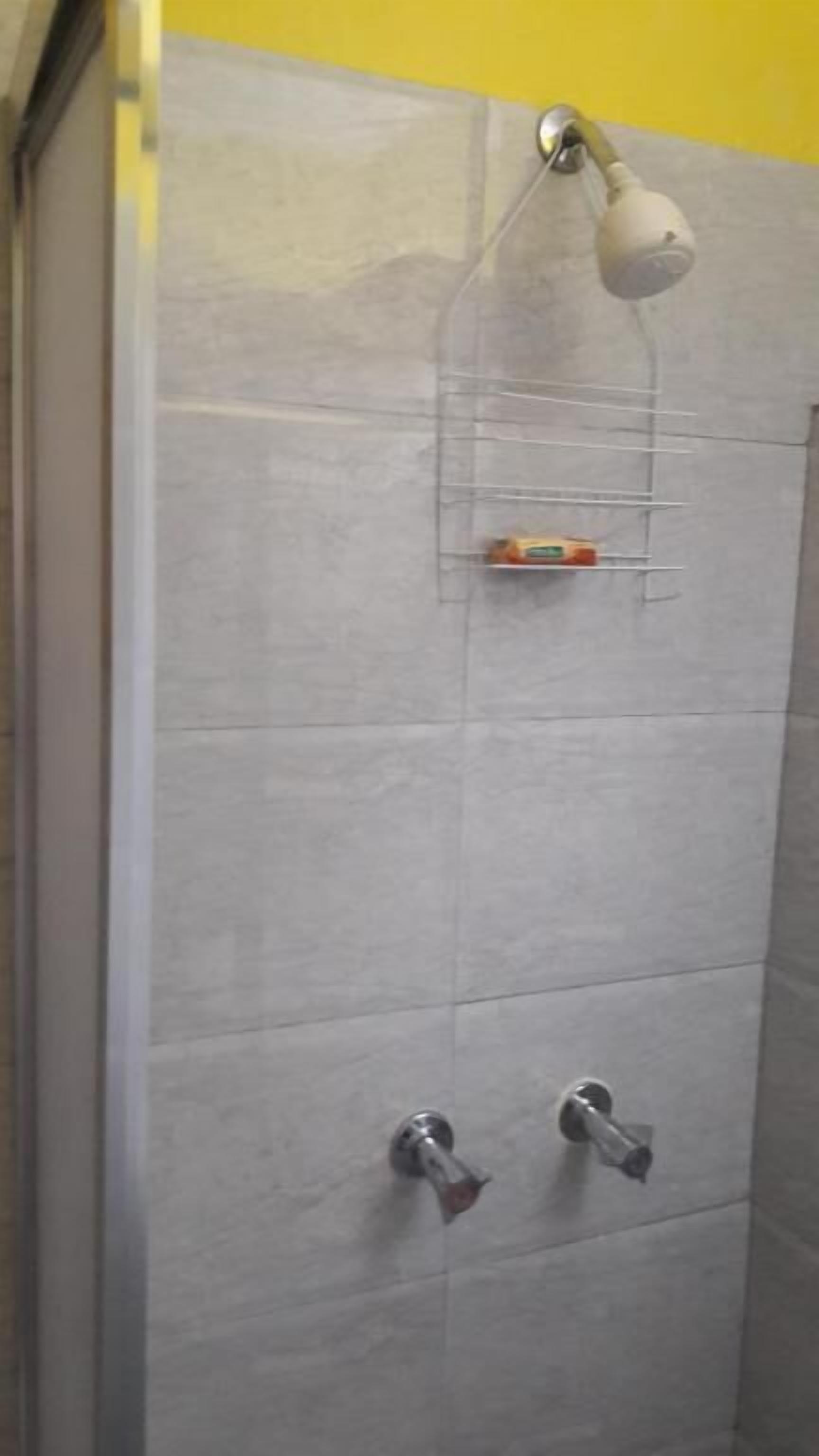A shower area with a handheld showerhead, a soap dish, and two wall-mounted faucets.