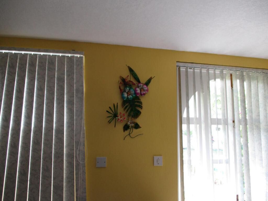 Una habitación con paredes amarillas, una planta decorativa en la pared y dos ventanas con persianas.