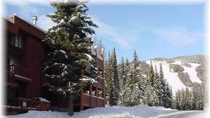 A building with a red facade and a snow-covered landscape with a mountain in the background.