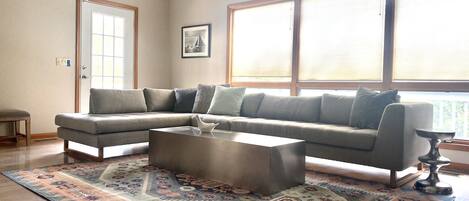 TV connectée, cheminée, lecteur de DVD, livres