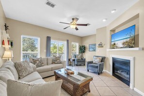 Smart TV, fireplace, books
