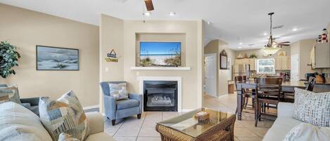 Smart TV, chimenea, libros