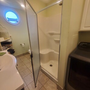 Une salle de bain avec une douche à parois de verre, des toilettes et un lavabo.