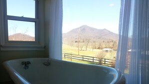 A freestanding bathtub in a room with a window overlooking a rural landscape. - The Farm House at Peaks of Otter Winery and Orchards (Bedford)