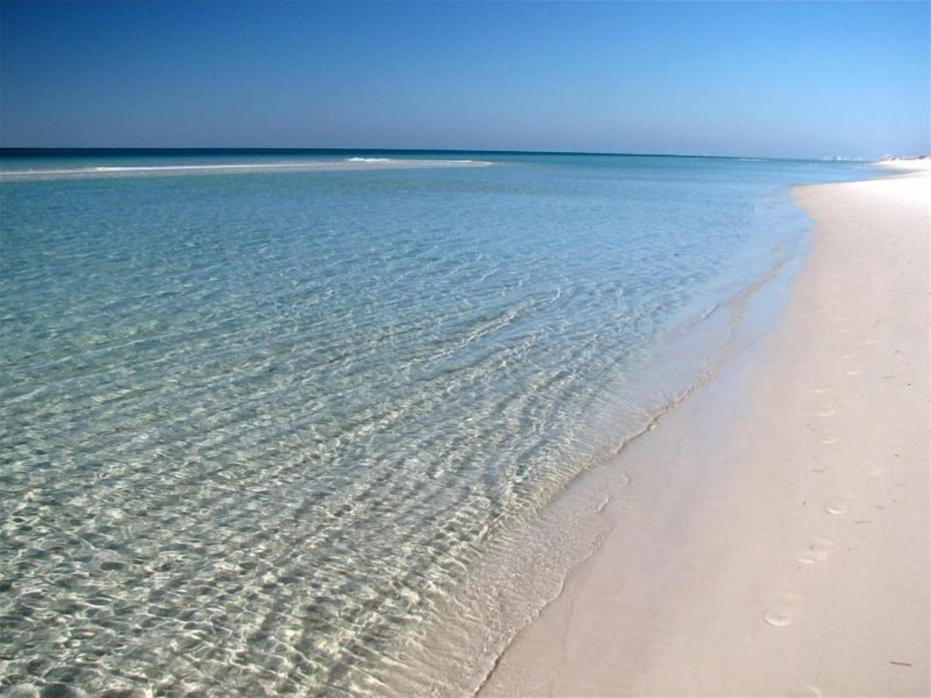 Une plage avec une eau claire et peu profonde et un rivage sablonneux.