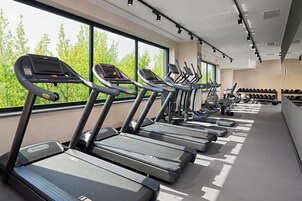 A gym with treadmills aligned along a wall with large windows, a wall-mounted rack of dumbbells, and a ceiling with recessed lighting.