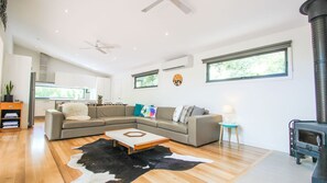 Smart TV, fireplace, DVD player, video library