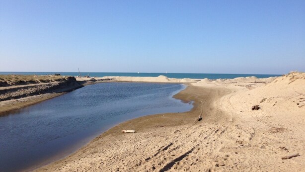 Une plage avec un étroit chenal d’eau, des dunes de sable et un ciel bleu dégagé.