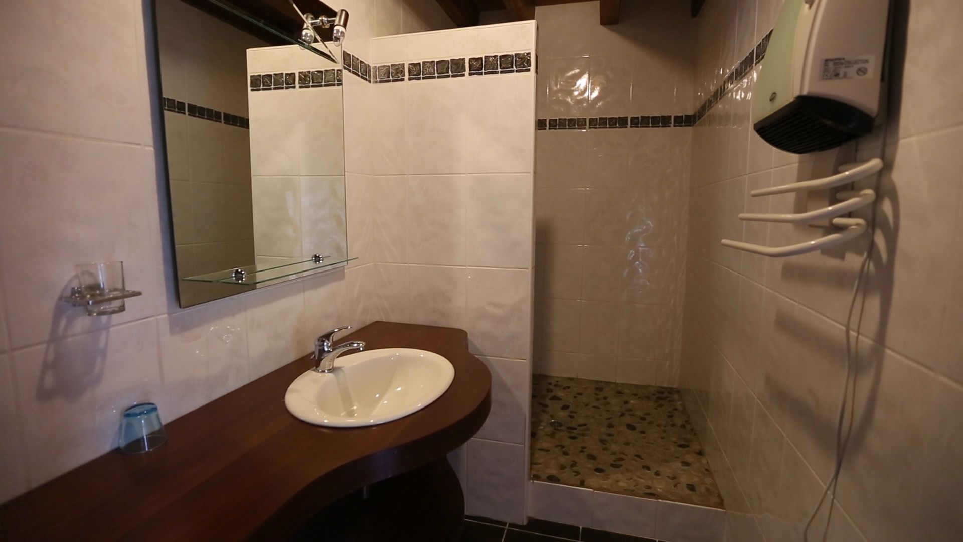 Baño con lavabo, espejo, ducha y toallero.