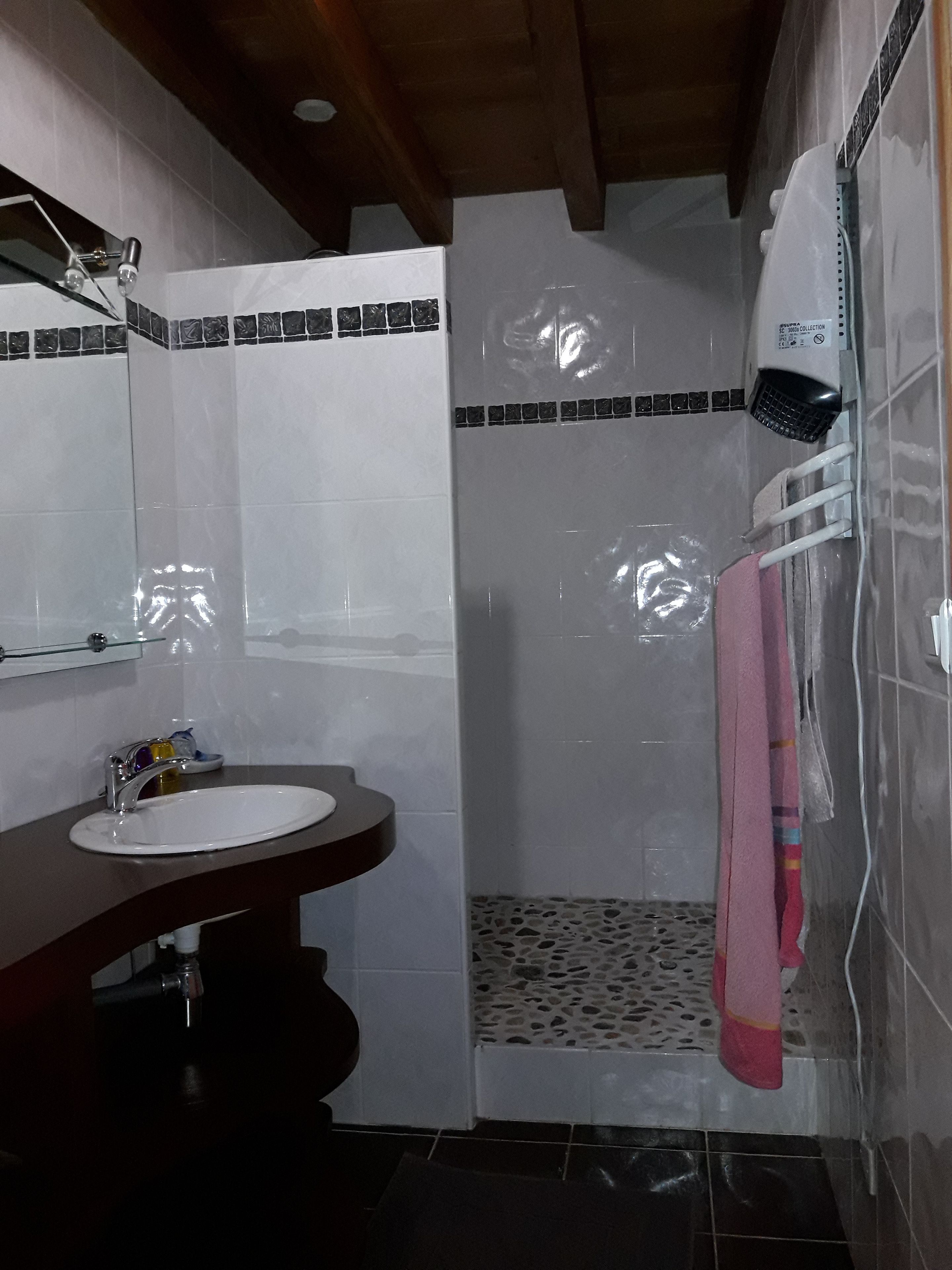 Un baño con lavamanos, espejo, ducha y toallero.