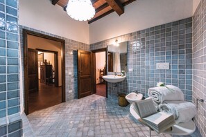 Bathtub, hair dryer, bidet, towels