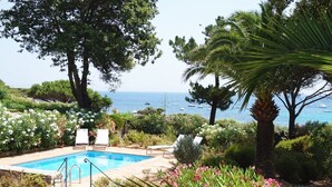 Area piscina con vista sul mare, circondata da vegetazione rigogliosa e piante fiorite.