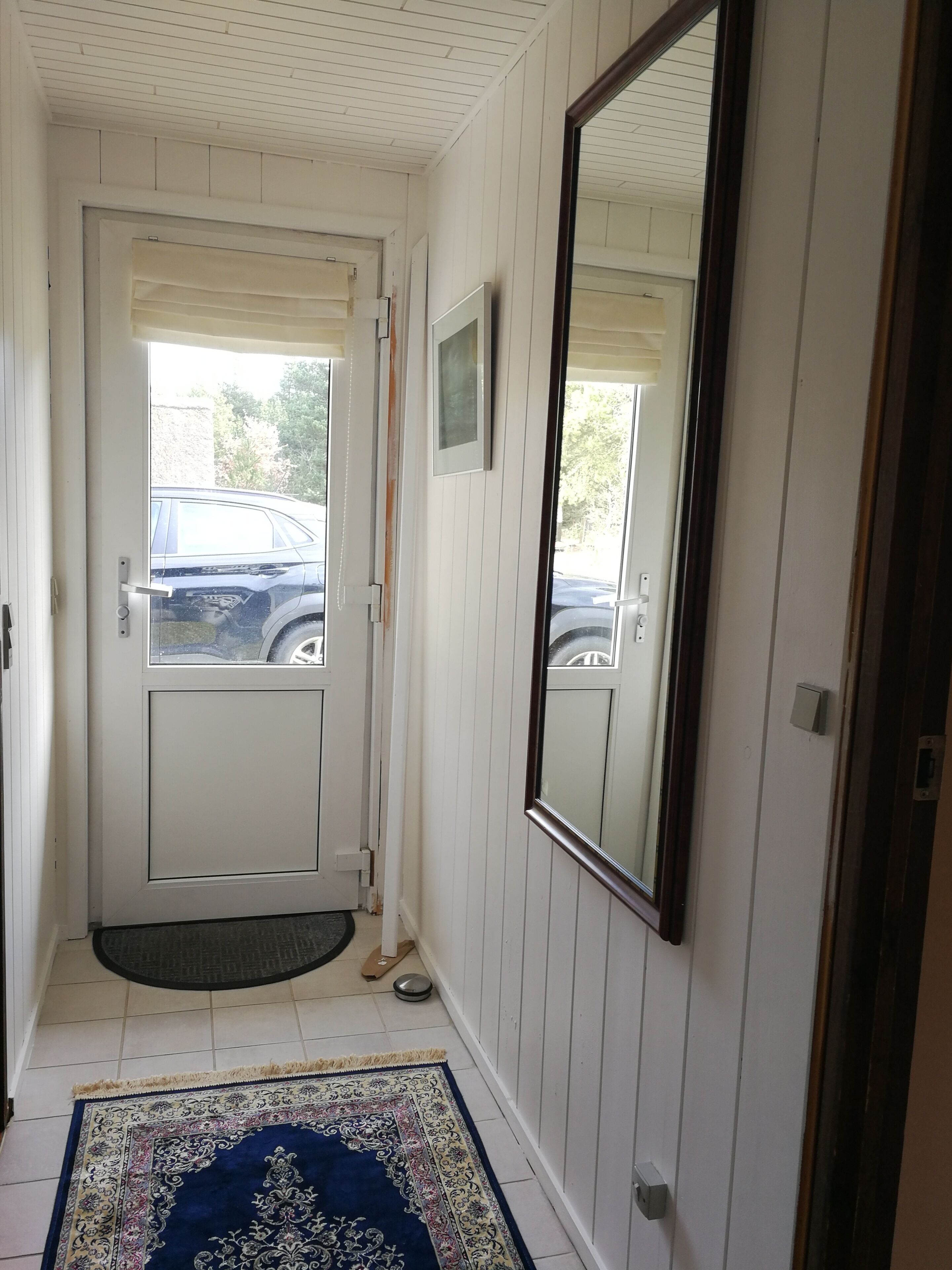 Un passadís estret amb una porta blanca, un mirall gran a la paret, i un rug blau amb dibuixos al terra.
