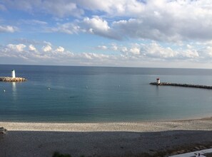 On the beach, sun loungers