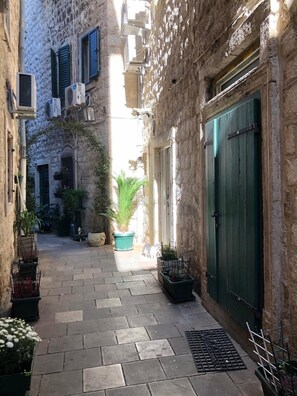 Un stretto vicolo lastricato in pietra, con una porta verde, piante in vaso e condizionatori d'aria a parete.