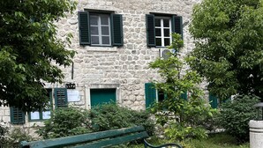 Un bâtiment en pierre avec des volets verts et un banc où sont assis des chats.