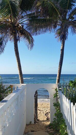On the beach, sun loungers, beach towels