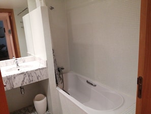 Combined shower/tub, hair dryer, bidet, towels