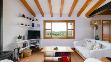 Een smart-tv, een open haard, een dvd-speler en een tafeltennistafel