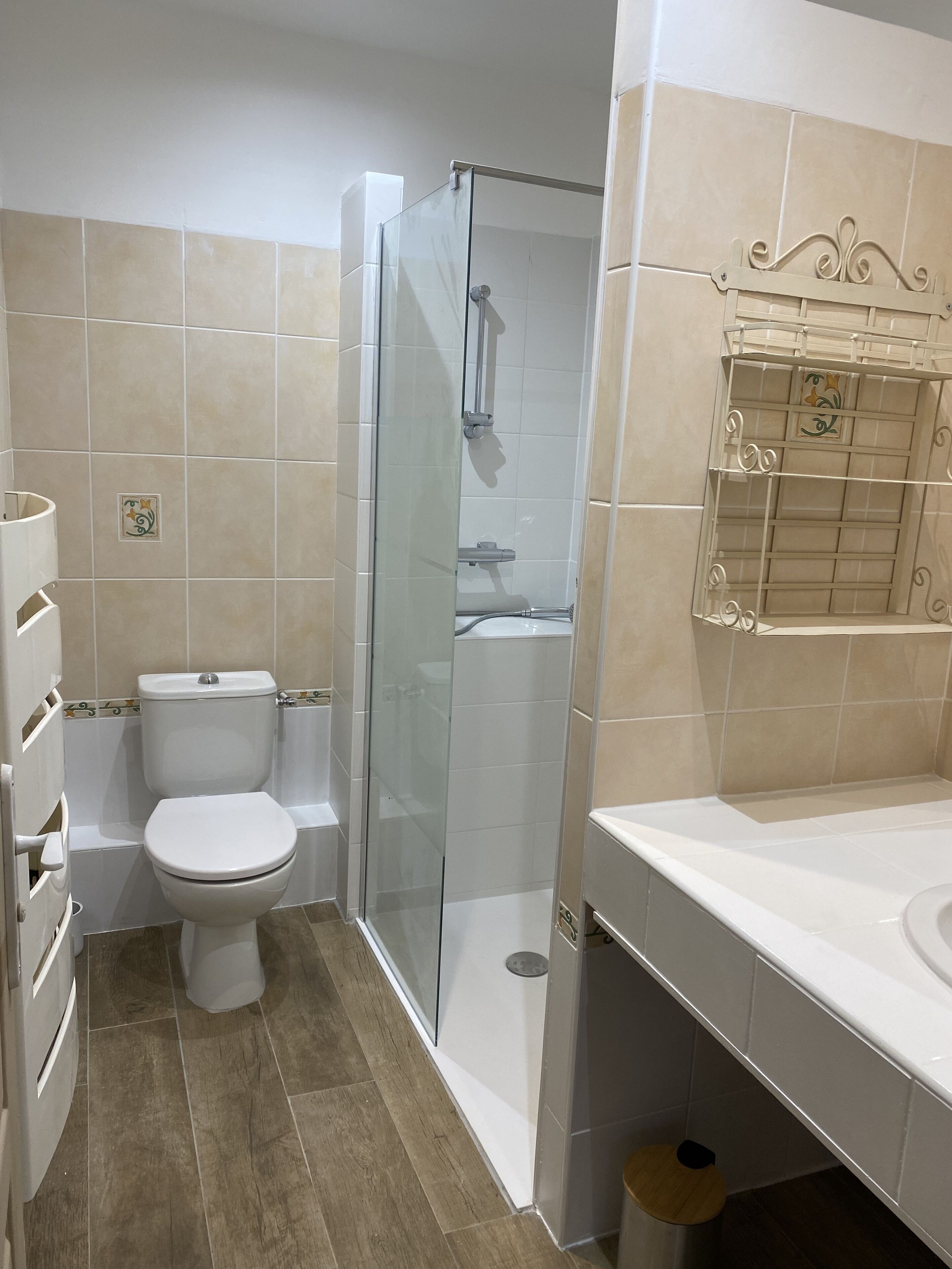 A bathroom with a toilet, a glass-enclosed shower, and a vanity with a mirror.