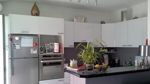 A modern kitchen with white cabinets, a stainless steel refrigerator, a built-in oven, and a central island with a potted plant. - fully equipped apartment on the first floor (capbreton)