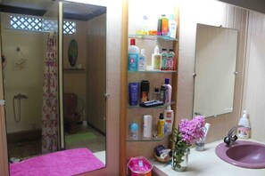 Douche, serviettes fournies, savon, papier toilette