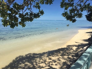 A beach with clear water, a sandy shore, and a tree-lined path.