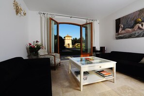 Televisio, takka, DVD-soitin, kirjoja