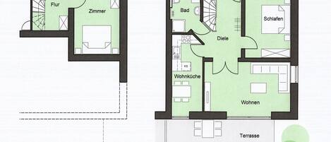 Floor plans of a hotel with separate Keller- and Erdgeschoss levels.