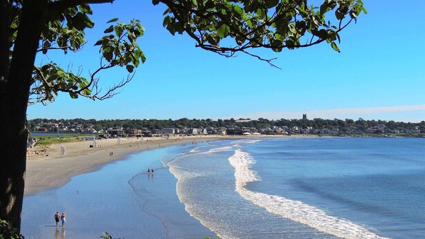 A beach with clear blue water, a sandy shore, and a town in the background.