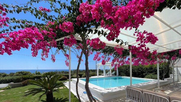 A pool area with a clear view of the ocean, surrounded by lush greenery and pink flowers. - Sea Front Villa with Private Pool - Free WiFi (Santa Maria di Leuca)