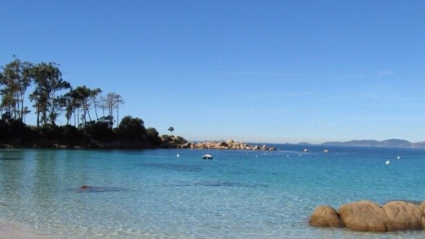 Ein Strand mit klarem Wasser, Felsen und Bäumen.