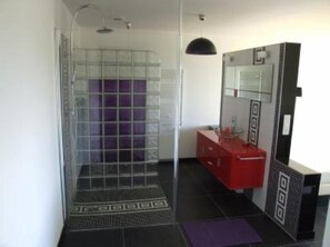 Een douche, een haardroger, handdoeken, zeep