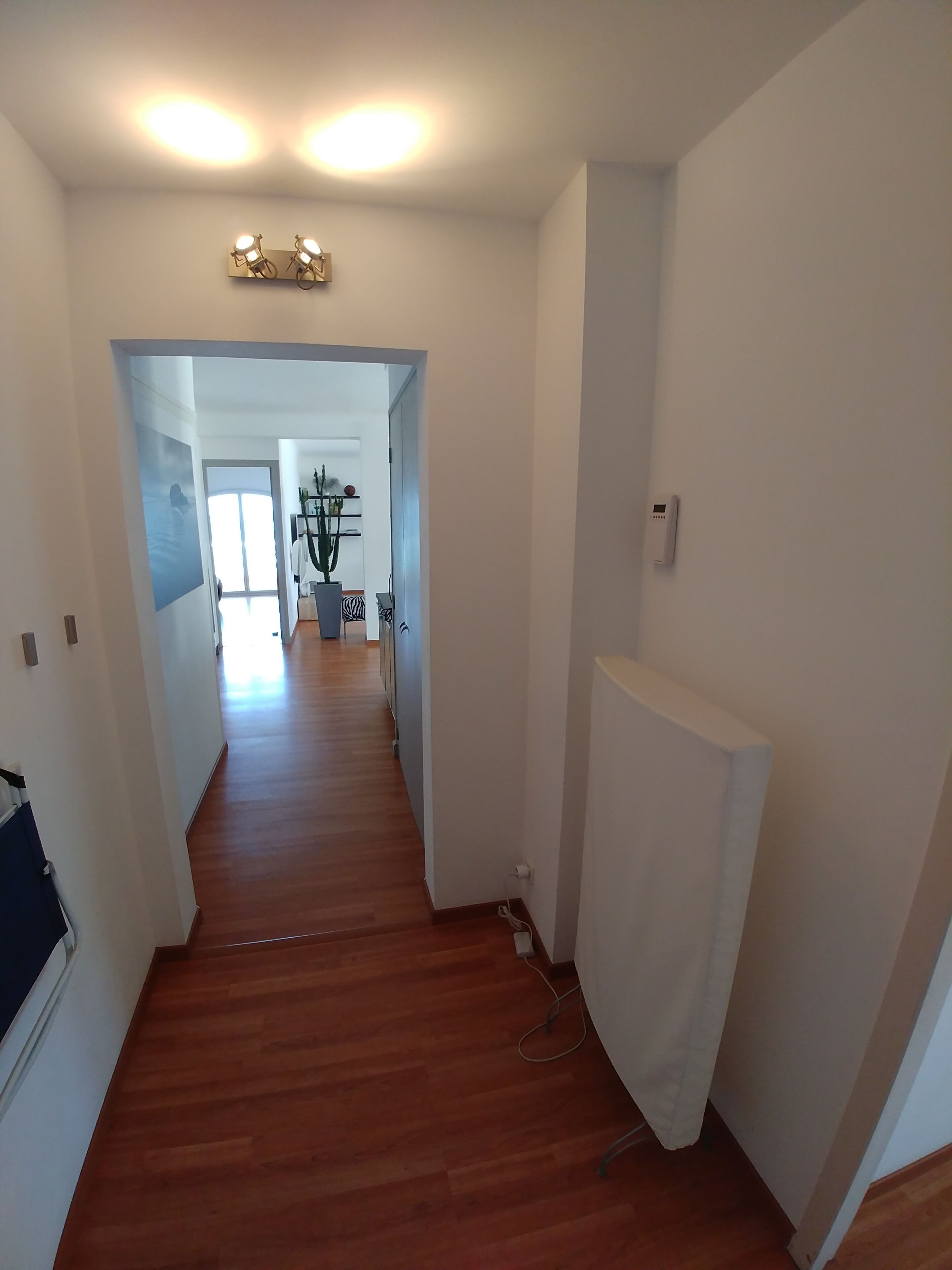 Passadís amb terra de fusta, parets blanques i una làmpada al sostre. Hi ha una porta al final del passadís que dona a una altra habitació.