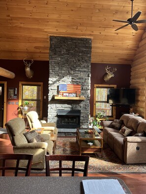 Smart TV, fireplace, DVD player, books