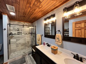 Shower, towels, toilet paper