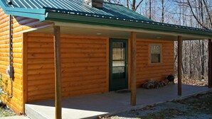 A log cabin with a green metal roof, a front door, and a small window.