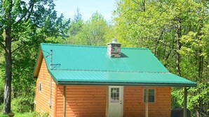 A small log cabin with a green metal roof, a chimney, and a door.