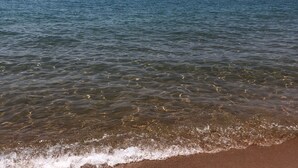 Een strand met helder water en verre bergen.