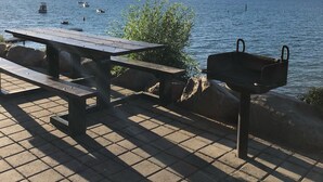 Picknicktafel en barbecue bij een rustig waterlichaam, met bergen in de verte.