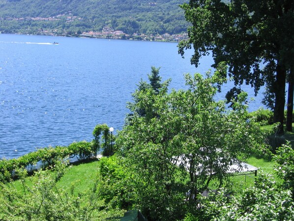 A lakeside view with lush greenery and a distant town.
